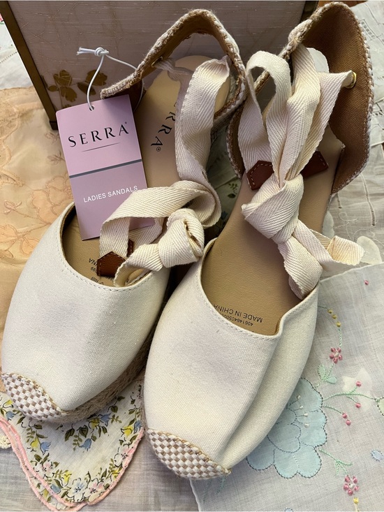 Serra Shoes - Serra Cream Canvas Espadrille Wedges with Ankle Wrap